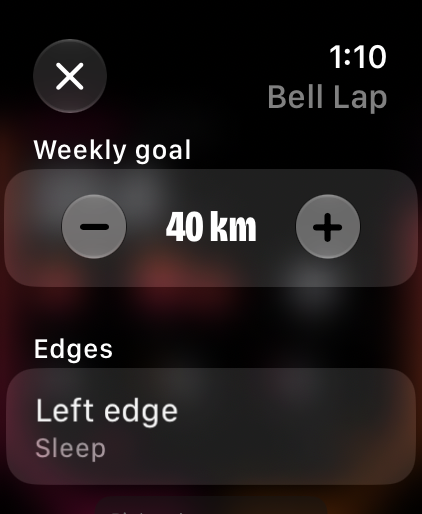 Bell Lap settings on the watch: weekly goal, edges and stats
